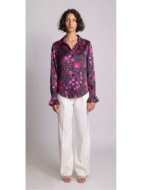Sabina Musayev Black Pink Floral Button Down Blouse Top Size XS Magenta Black